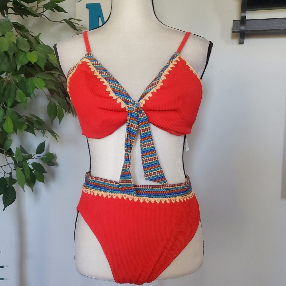 SWIMSUITS FOR ALL mentor tie front ribbed aztec high waist 12